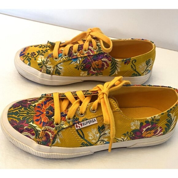 Superga W's 7.5 EU 38 Yellow Gold Satin Korelaw Floral Embroidered Sneakers EUC - Picture 1 of 7